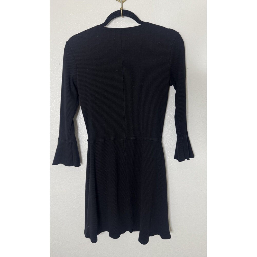 Reformation Sweater Dress Black Rib Knit Long Bell Sleeve Fit & Flare Mini Sz L - Picture 2 of 6